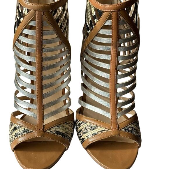 Nine West SZ 7 in Box Tan Leather 4" STILLETO Heel PEEP TOE Snakeskin Metallic - Picture 3 of 16